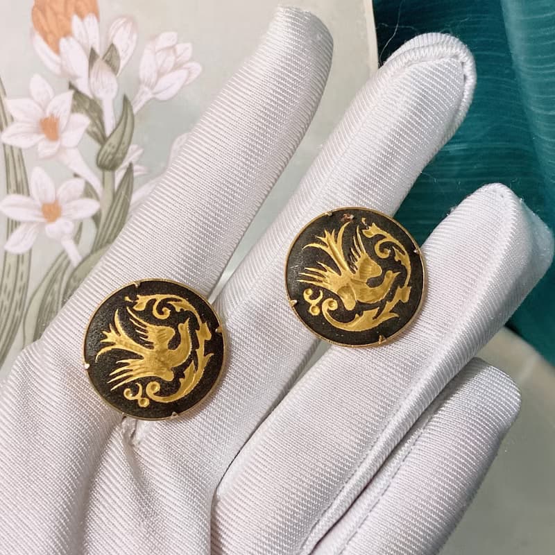 【西洋古董飾品】西班牙大馬士革24K金工藝 飛鳥繚繞圖騰耳環耳夾
