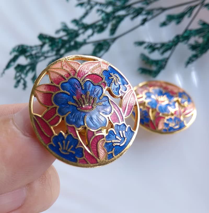 【西洋古董飾品 】景泰藍 紅葉藍花  花卉 夾式耳環