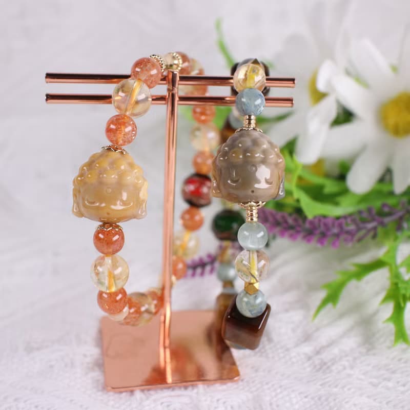 Six Cats Q版佛頭 天然礦石 水晶 開運 招財 祈福 彈性手鍊 禮物