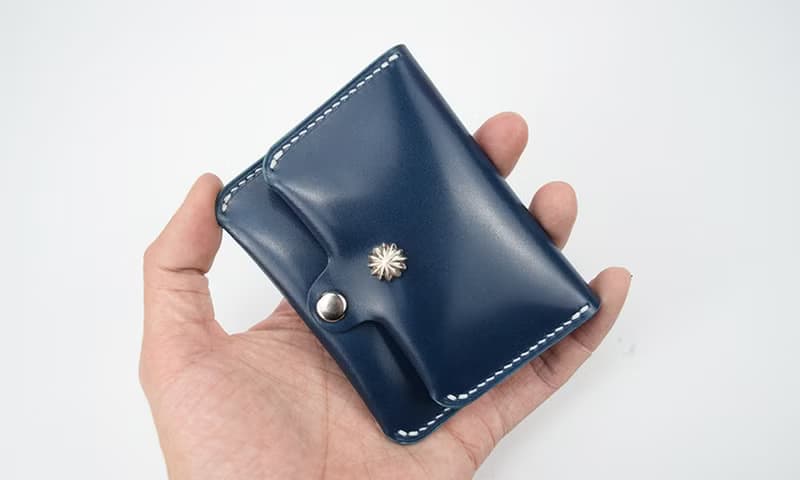 馬臀皮手工錢包迷你卡包便攜mini隨身零錢包鑲嵌925純銀菊花銀釘