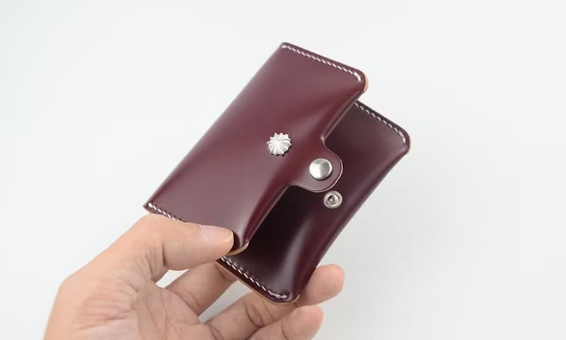 馬臀皮手工錢包迷你卡包便攜mini隨身零錢包鑲嵌925純銀菊花銀釘