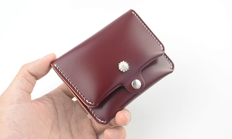 馬臀皮手工錢包迷你卡包便攜mini隨身零錢包鑲嵌925純銀菊花銀釘