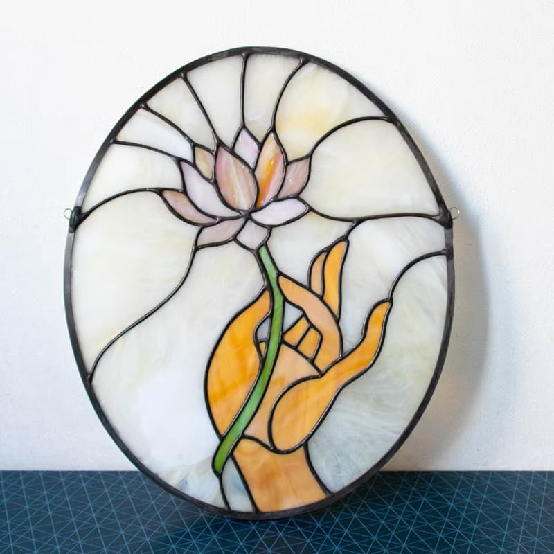 Stained glass window panel, Panel with lotus, Suncatcher, Home décor