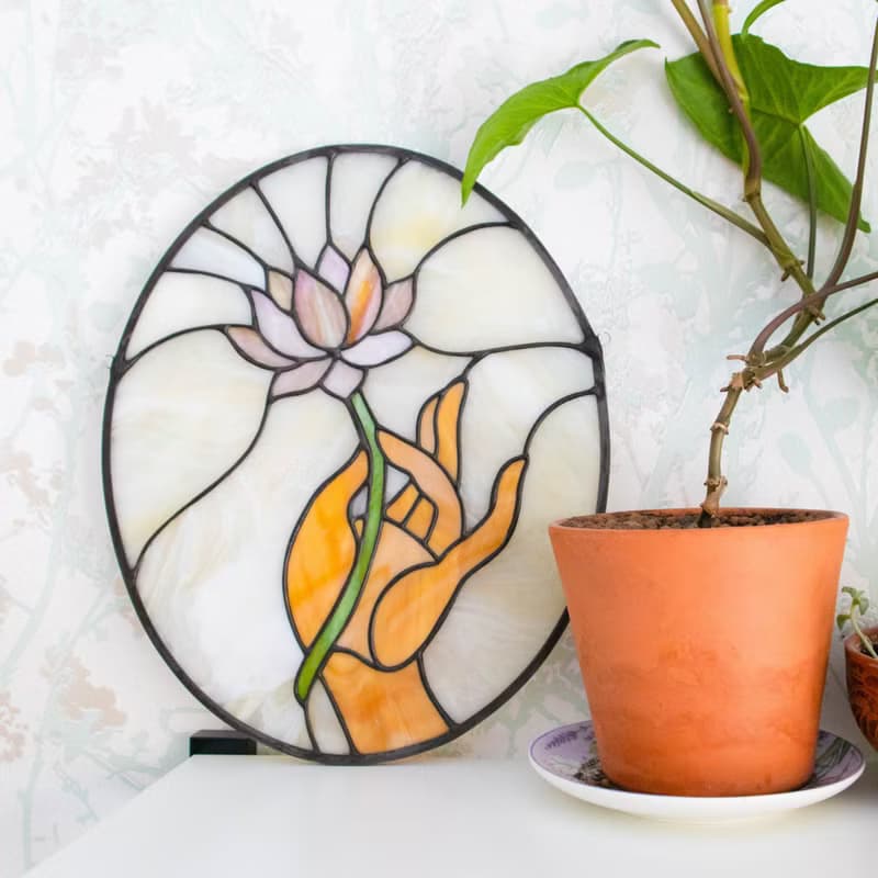 Stained glass window panel, Panel with lotus, Suncatcher, Home décor