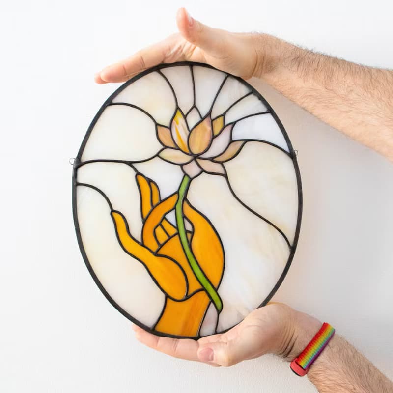 Stained glass window panel, Panel with lotus, Suncatcher, Home décor