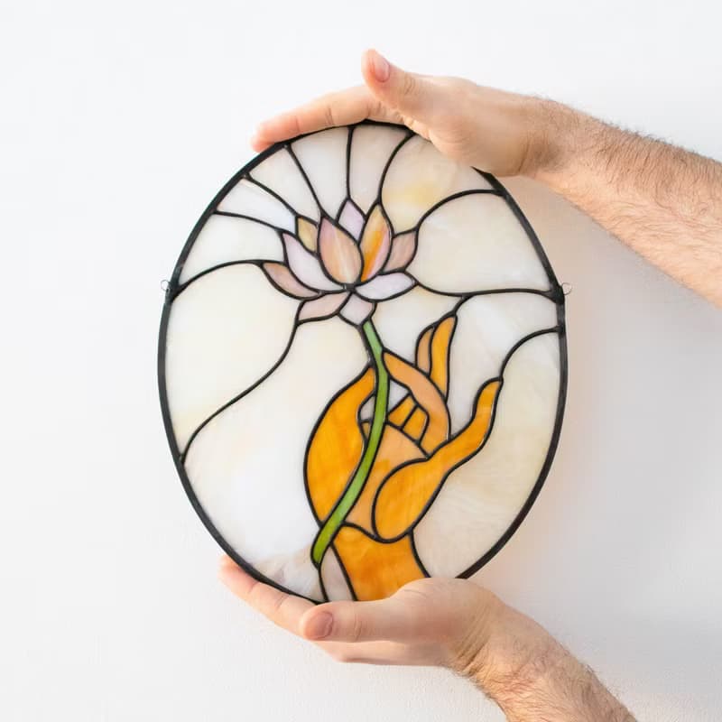 Stained glass window panel, Panel with lotus, Suncatcher, Home décor