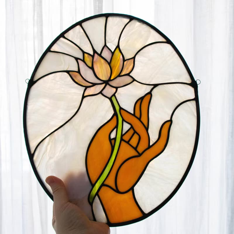 Stained glass window panel, Panel with lotus, Suncatcher, Home décor