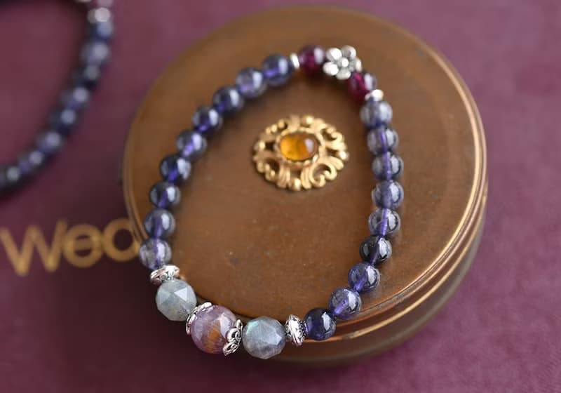 堇青石+紫鈦晶+拉長石純銀花朵手鍊