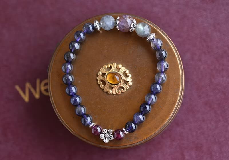 堇青石+紫鈦晶+拉長石純銀花朵手鍊