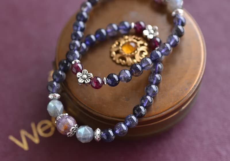 堇青石+紫鈦晶+拉長石純銀花朵手鍊