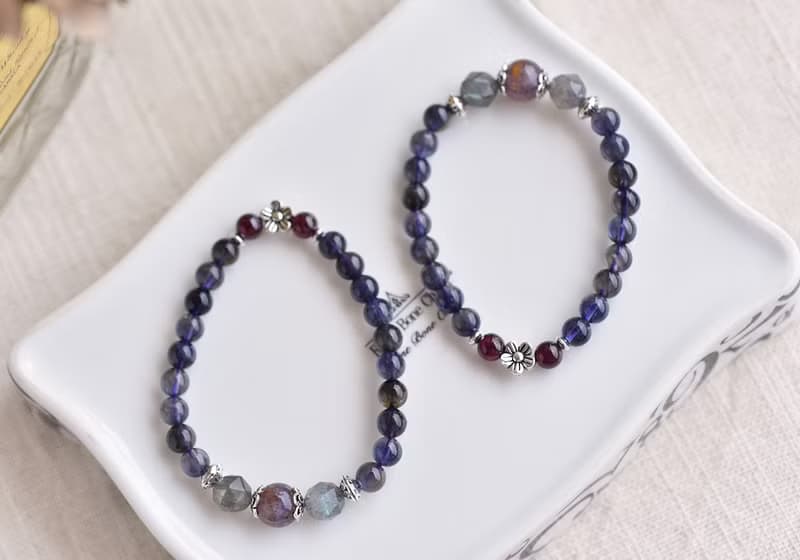 堇青石+紫鈦晶+拉長石純銀花朵手鍊