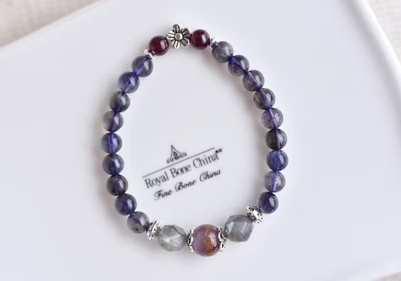 堇青石+紫鈦晶+拉長石純銀花朵手鍊