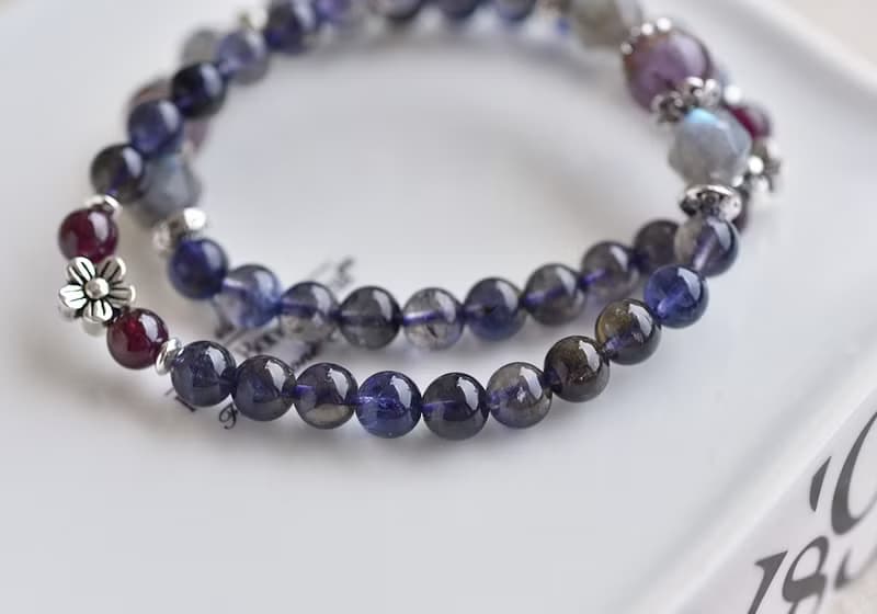堇青石+紫鈦晶+拉長石純銀花朵手鍊