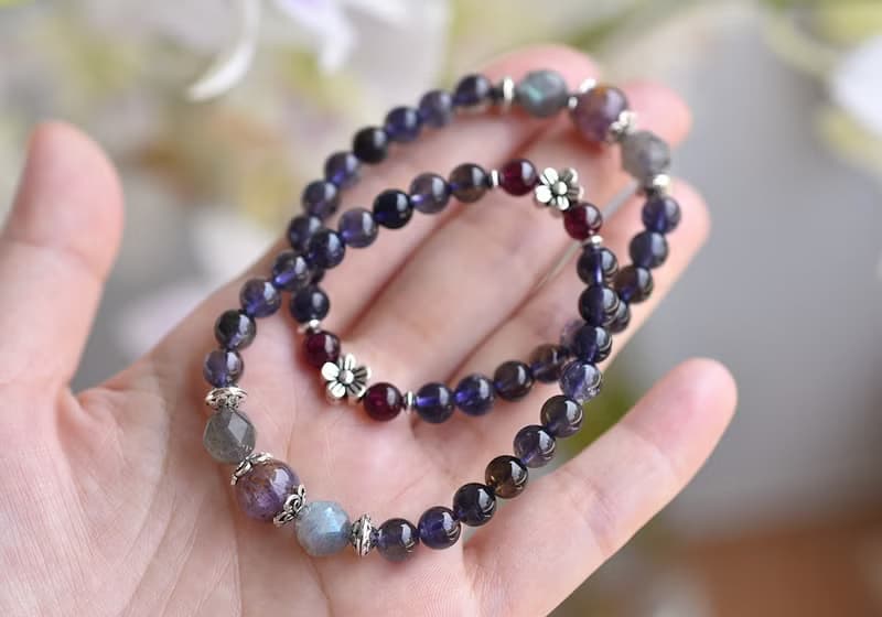 堇青石+紫鈦晶+拉長石純銀花朵手鍊
