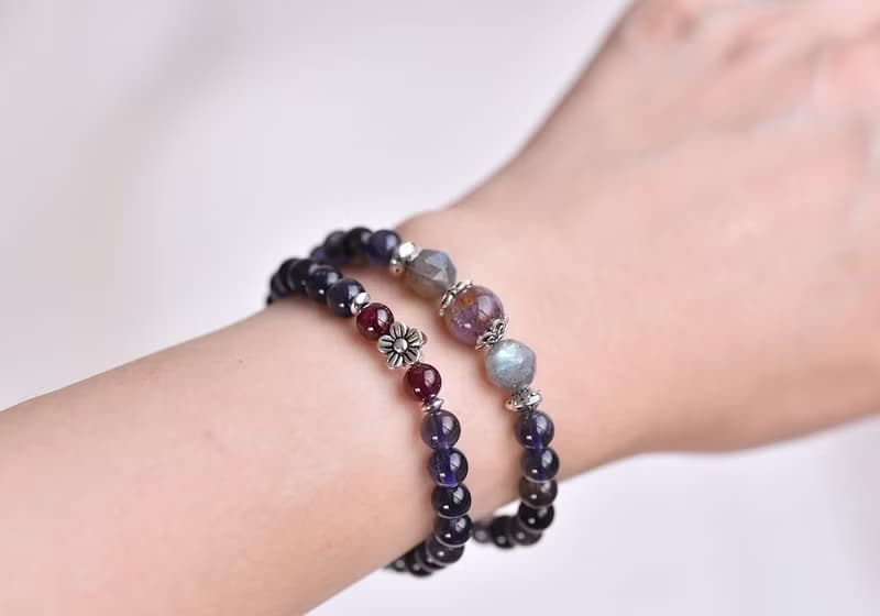 堇青石+紫鈦晶+拉長石純銀花朵手鍊
