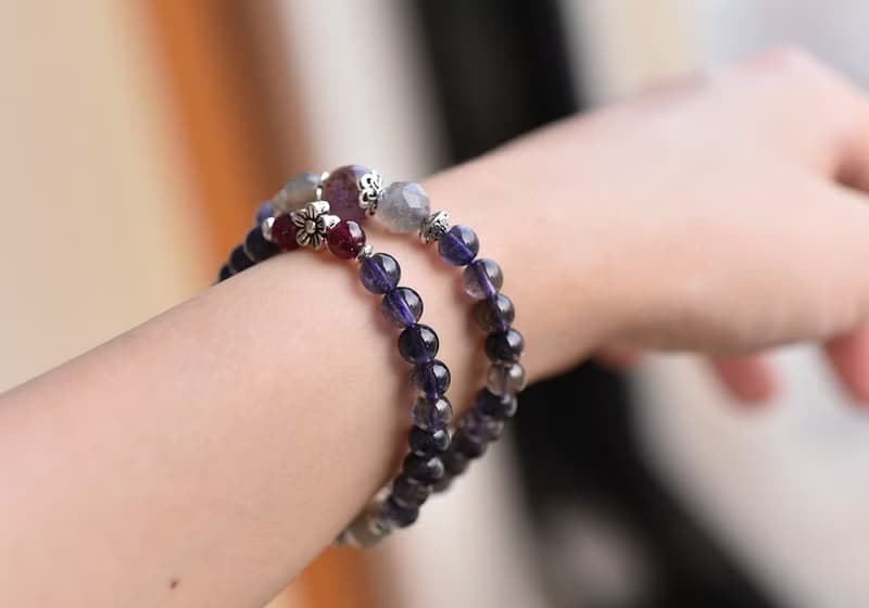 堇青石+紫鈦晶+拉長石純銀花朵手鍊