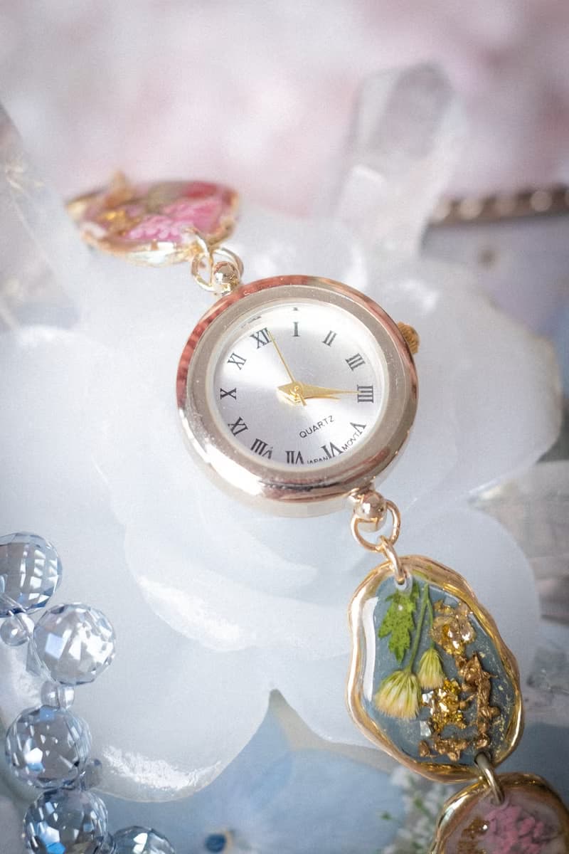 時間碎片植物押花迷你鐘錶手鍊 (日本製錶面)