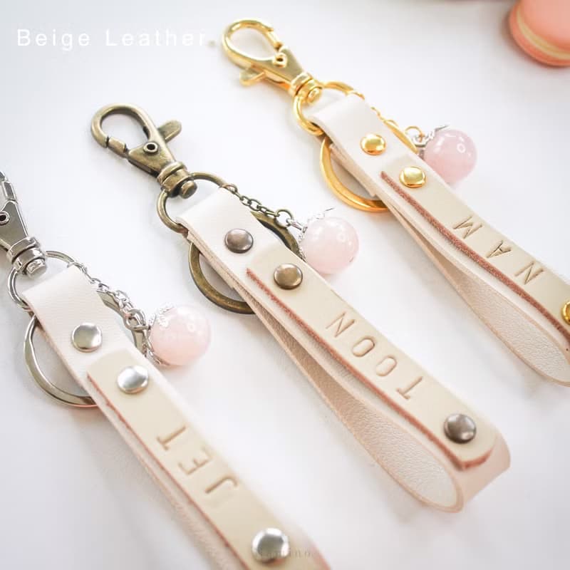 Beige Leather Key Ring hand made with Lucky Stone