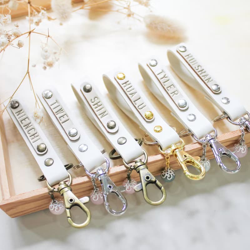 Beige Leather Key Ring hand made with Lucky Stone