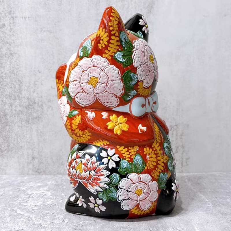 【櫻牡交輝】日本九谷燒招財貓 |  赤黑花盛 7號