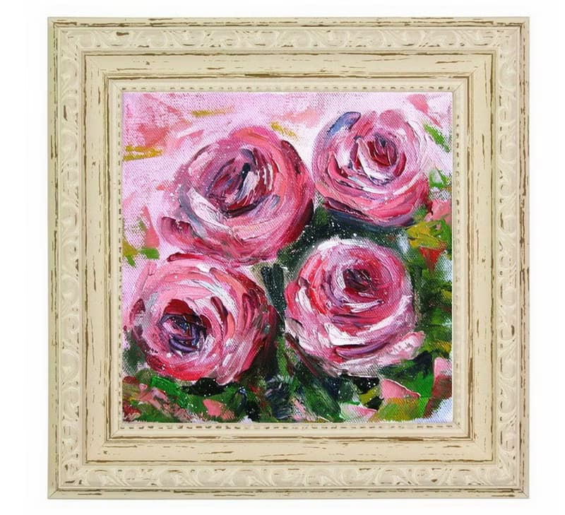 Abstract pink Roses oil painting small sizes stretched canvas impasto style