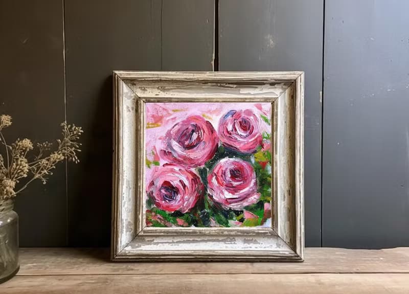 Abstract pink Roses oil painting small sizes stretched canvas impasto style