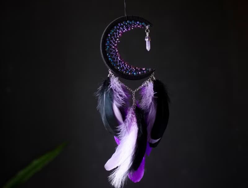 Moon dream catcher with amethyst crystal Black crescent moon dreamcatcher