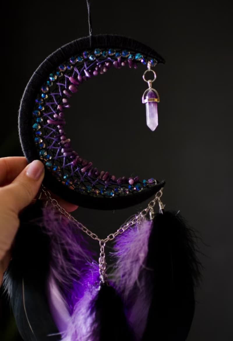 Moon dream catcher with amethyst crystal Black crescent moon dreamcatcher