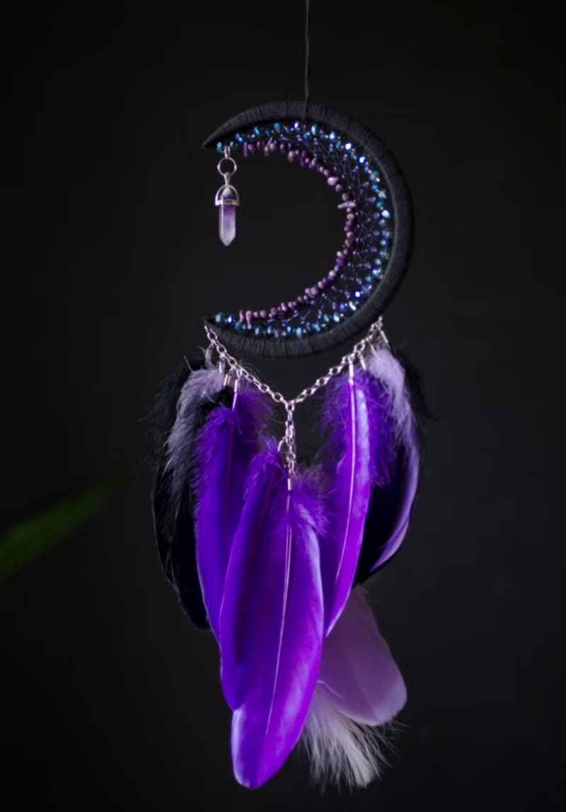 Moon dream catcher with amethyst crystal Black crescent moon dreamcatcher