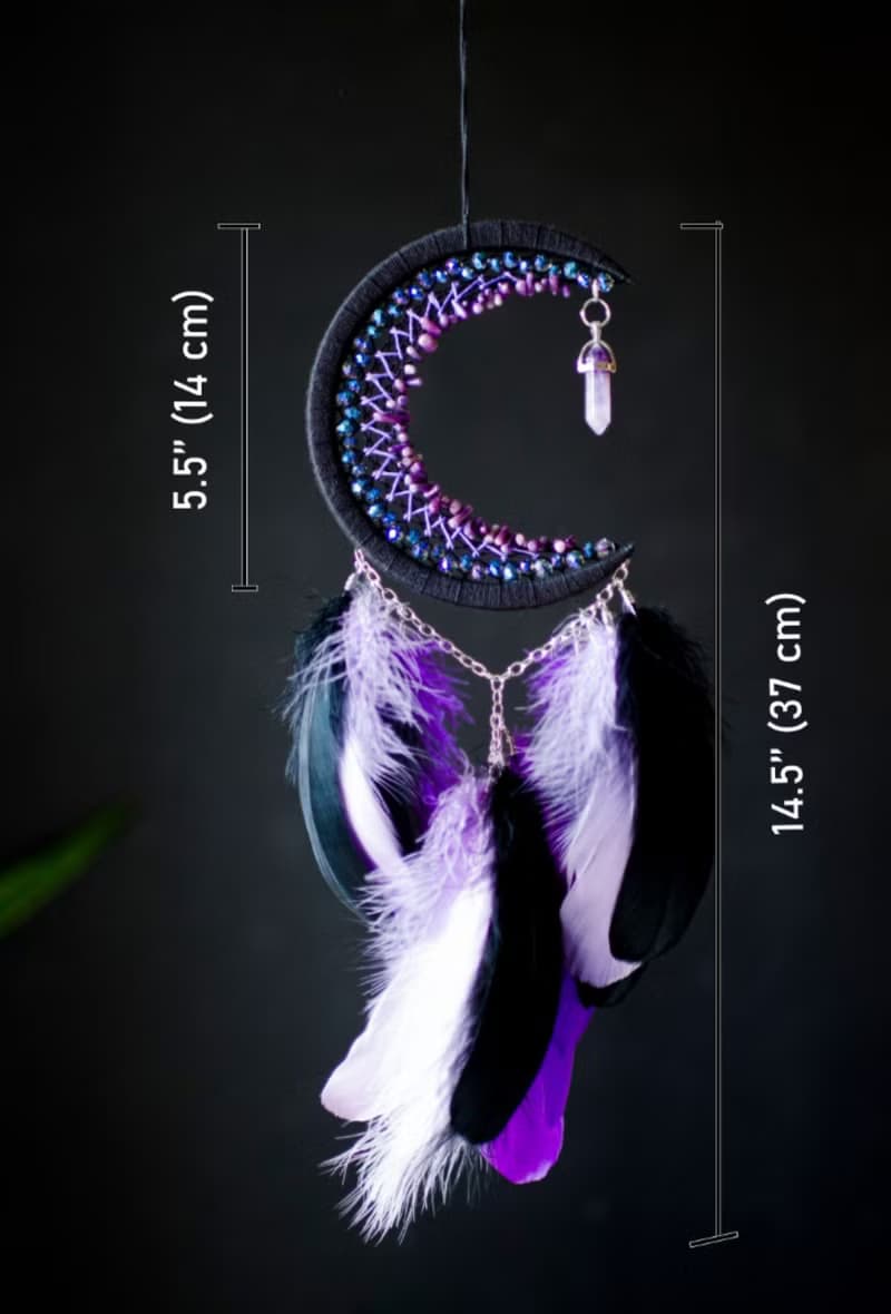 Moon dream catcher with amethyst crystal Black crescent moon dreamcatcher