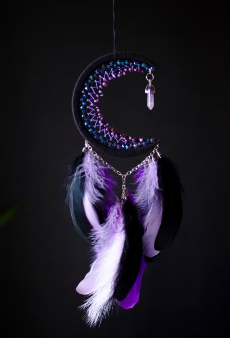 Moon dream catcher with amethyst crystal Black crescent moon dreamcatcher
