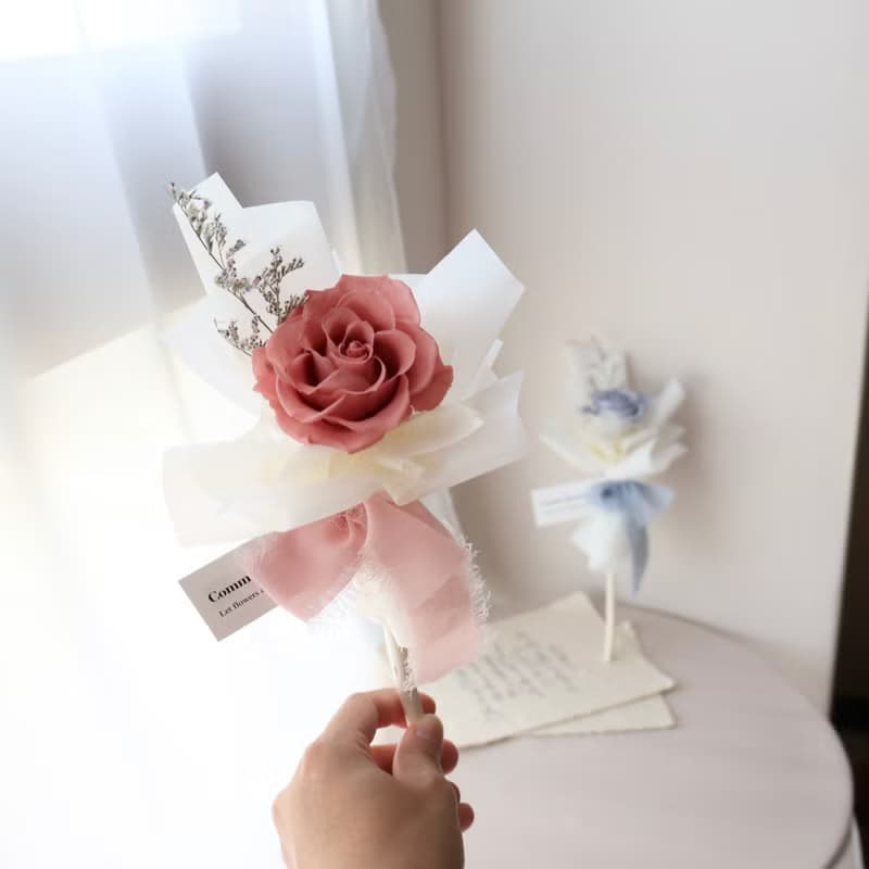 暖色系 單朵永生花玫瑰花束  8色 情人節花束 生日 週年 求婚