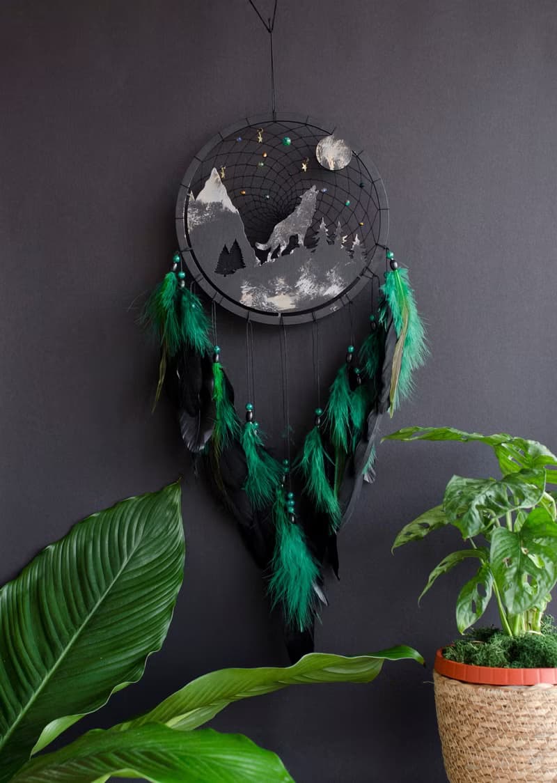 Handcrafted Wolf Spirit Dreamcatcher – Black & Green, Perfect Masculine Gift