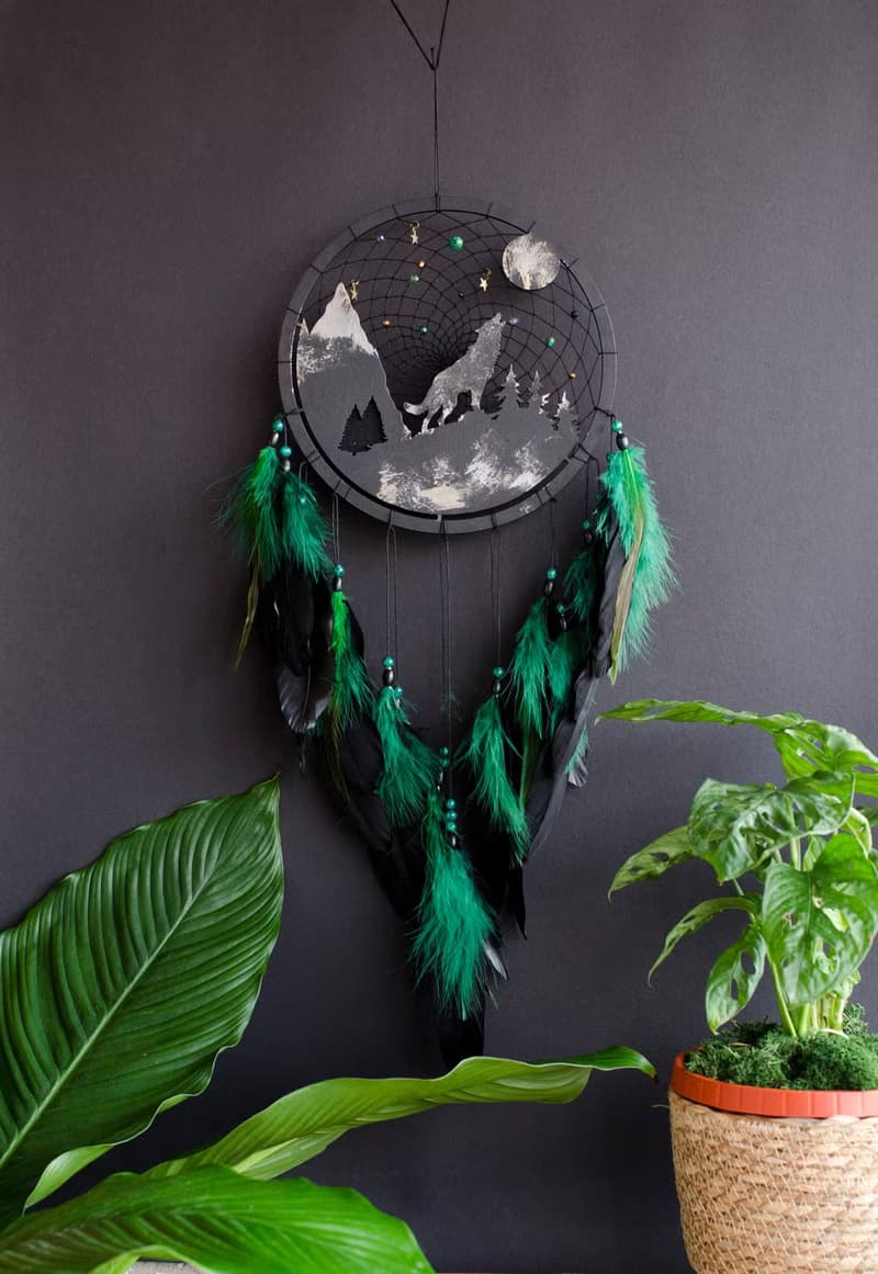Handcrafted Wolf Spirit Dreamcatcher – Black & Green, Perfect Masculine Gift