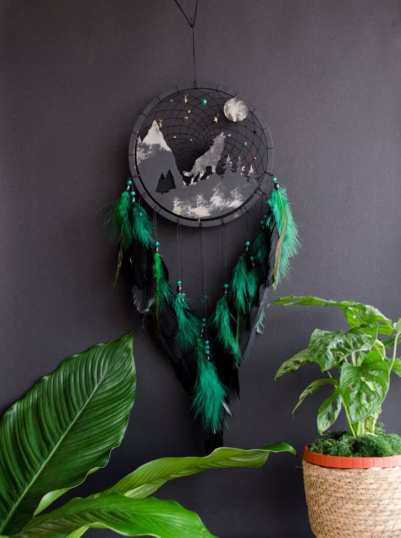 Handcrafted Wolf Spirit Dreamcatcher – Black & Green, Perfect Masculine Gift