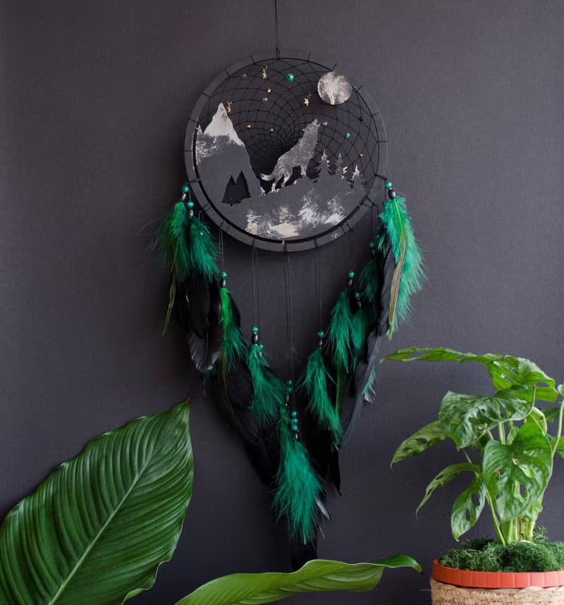 Handcrafted Wolf Spirit Dreamcatcher – Black & Green, Perfect Masculine Gift