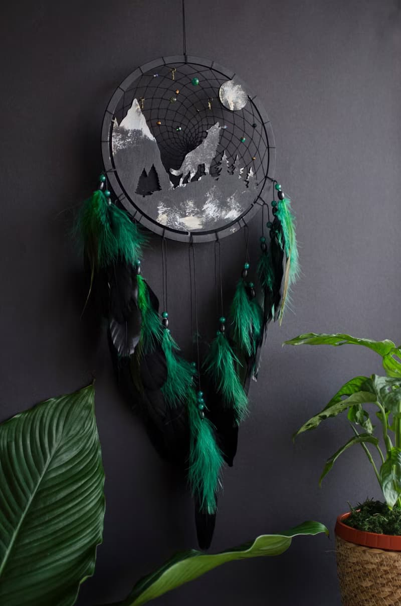 Handcrafted Wolf Spirit Dreamcatcher – Black & Green, Perfect Masculine Gift