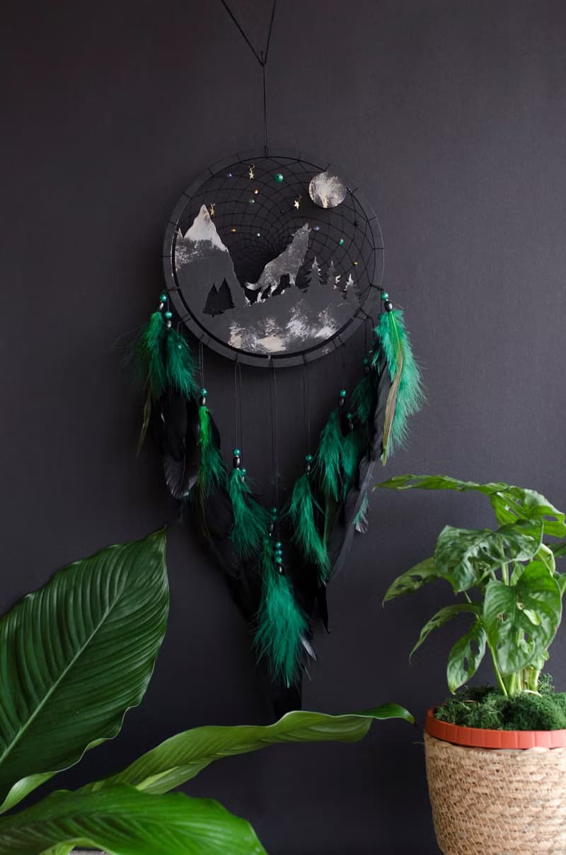Handcrafted Wolf Spirit Dreamcatcher – Black & Green, Perfect Masculine Gift