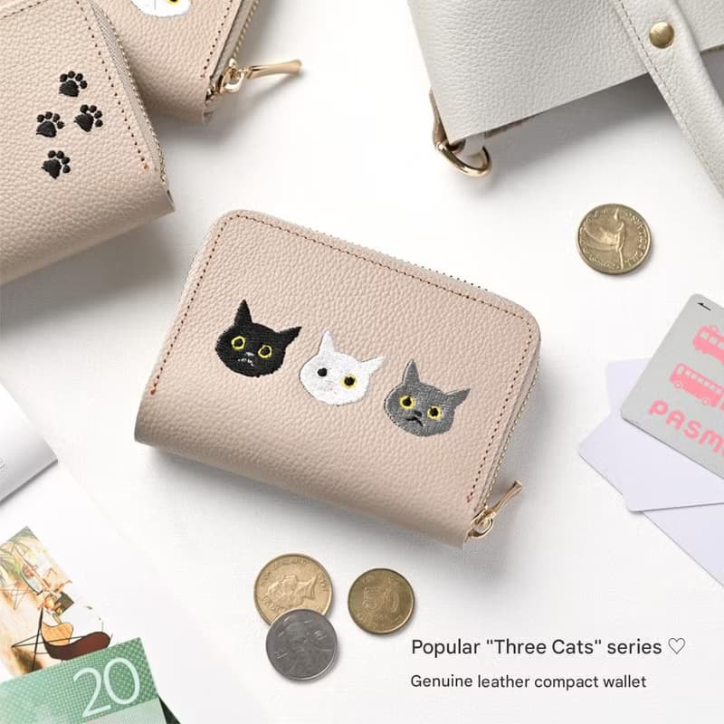 お札が折れない コンパクトウォレット 【3匹の猫】 刺繍 本革 シュリンクレザー 猫 ミニ財布 ギフト A315I