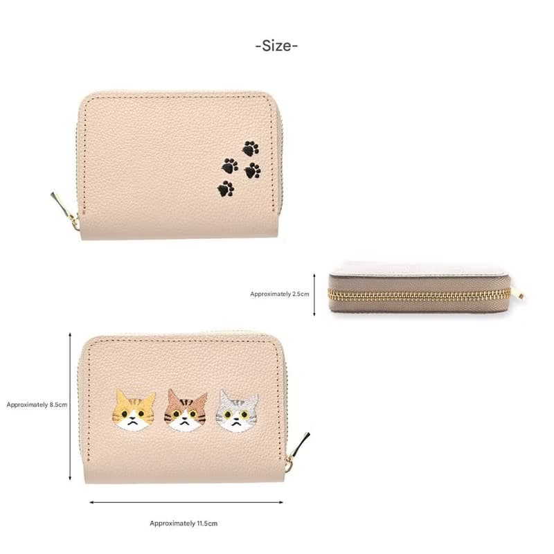 お札が折れない コンパクトウォレット 【3匹の猫】 刺繍 本革 シュリンクレザー 猫 ミニ財布 ギフト A315I