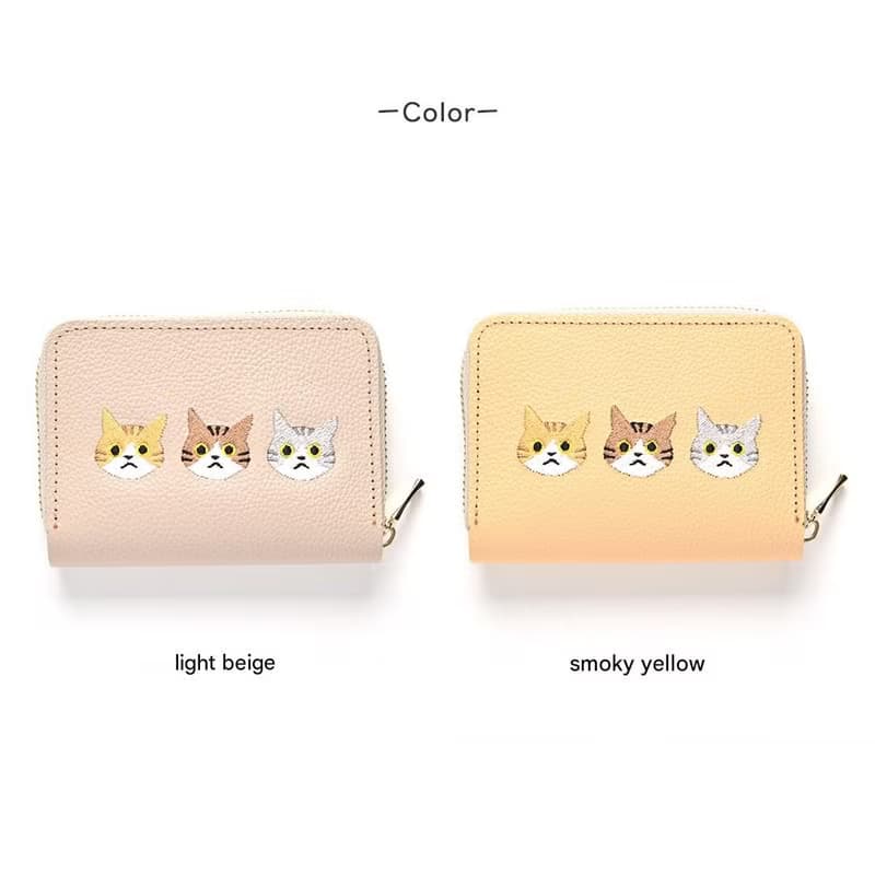 お札が折れない コンパクトウォレット 【3匹の猫】 刺繍 本革 シュリンクレザー 猫 ミニ財布 ギフト A315I