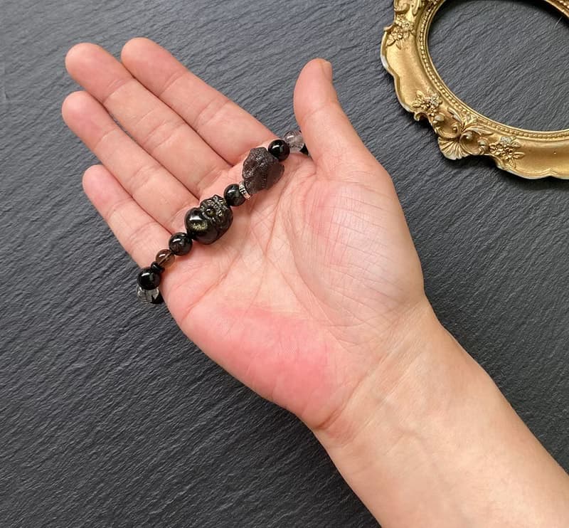 黑曜石x黑龍晶x茶晶x天狼星石x黑檀木x髮晶金曜石貔貅925純銀手鍊