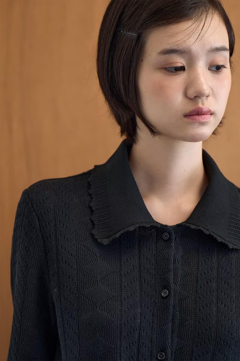 日系復古 黑色方塊鏤空開衫 花邊針織領毛衣