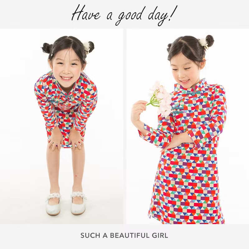 兒童旗袍 古風 七分袖款 幻彩幾何