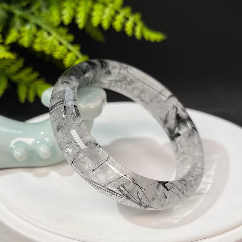 福利款 黑髮晶手鐲57MM 冰透共生黑碧璽髮絲水晶手環 增強氣場