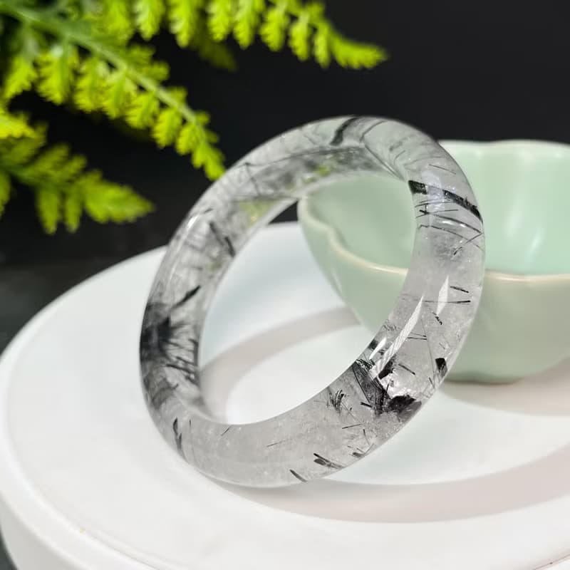 福利款 黑髮晶手鐲57MM 冰透共生黑碧璽髮絲水晶手環 增強氣場