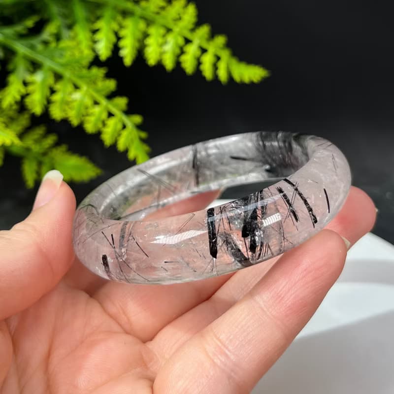 福利款 黑髮晶手鐲57MM 冰透共生黑碧璽髮絲水晶手環 增強氣場