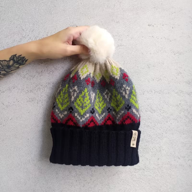 Warm knitted jacquard pompom hat | レディース帽子