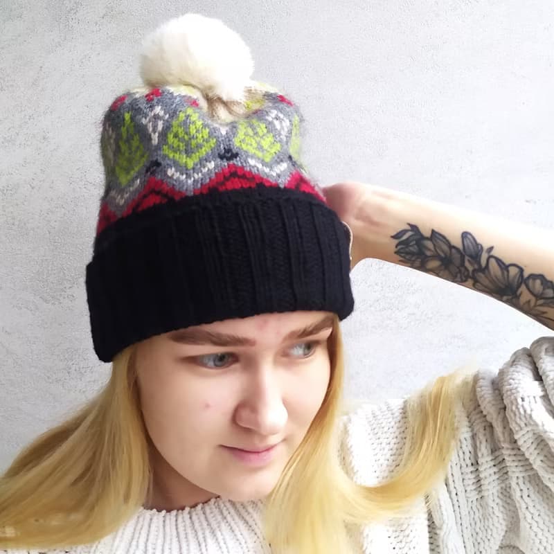 Warm knitted jacquard pompom hat | レディース帽子