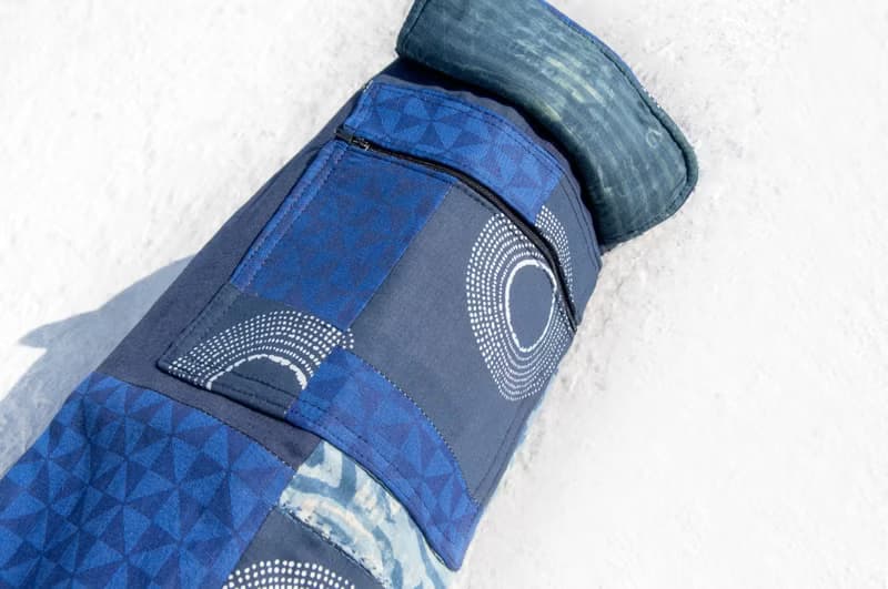 手工拼布瑜珈墊背包/yoga bag/瑜伽包/編織包/織布包-藍染木刻印